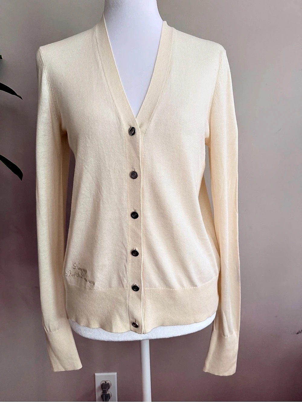 Lauren Ralph Lauren Embroidered Logo Cream V-Neck Cotton Modal Cardigan Size M